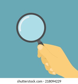 picture of  human hand holding magnifying glass, flat style illustration