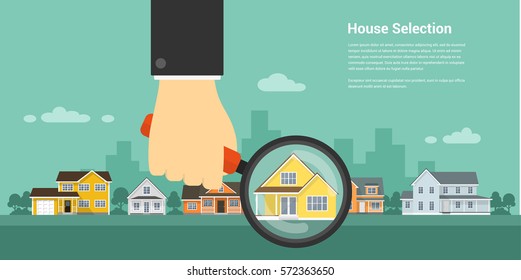 picture of a human hand holding magnifying glass and number of houses, house selection, house project, real estate concept, flat style illustration