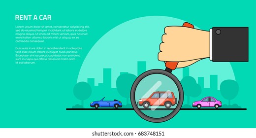 picture of a human hand holding magnifying glass and number of cars, car selection, rent, buy a car concept banner, flat line art style illustration