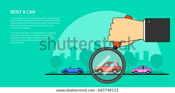picture of a human hand holding magnifying\
glass and number of cars, car selection, rent, buy a car concept\
banner, flat line art style\
illustration