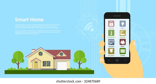 picture of human hand holding smartphone with house monitoring icons, flat style concept of a smart home