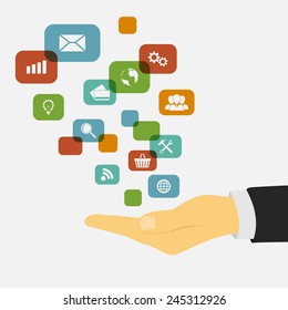 picture of a human hand with touchscreen interface, flat style illustration