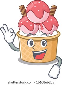 A picture of ice cream sundae making an Okay gesture