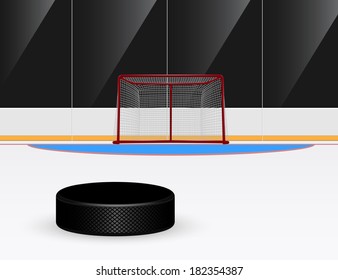 Picture Of Ice Hockey Puck In Front Of Goal, Vector Eps 10 Illustration