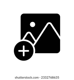 Picture icon with add symbol glyph icon vector. Add, new, open symbol image icon. Vector illustration glyph pictogram for infographic interface or design graphic. 