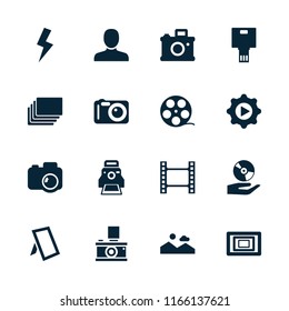 Picture icon. collection of 16 picture filled icons such as man, movie tape, camera tape, camera, camera printing photo, flash. editable picture icons for web and mobile.