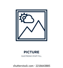 Bildsymbol aus der Sammlung von elektronischen Zeugs. Dünne, lineare Abbildung, Kamera, Foto-Umriss-Symbol einzeln auf weißem Hintergrund. Zeilenvektorbild-Zeichen, Symbol für Web und Mobile