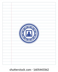 picture icon emblem with pen effect. Blue ink. Vector Illustration. Detailed.