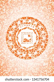 picture icon inside abstract emblem, orange mosaic background