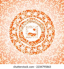 icono de imagen dentro del emblema abstracto, fondo de mosaico naranja. 