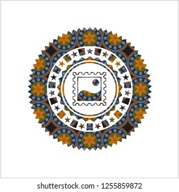 picture icon inside arabic badge background. Arabesque decoration.