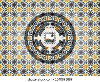 picture icon inside arabic badge background. Arabesque decoration.
