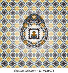 picture icon inside arabic badge background. Arabesque decoration.