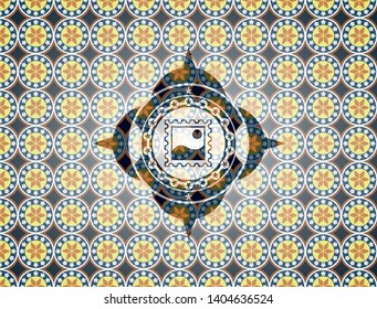 picture icon inside arabic badge background. Arabesque decoration.