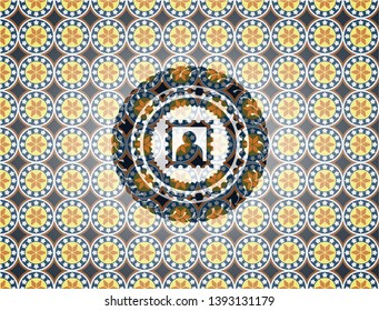 picture icon inside arabic emblem background. Arabesque decoration.