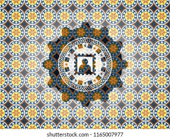picture icon inside arabic style badge. Arabesque decoration.