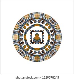 picture icon inside arabic style badge. Arabesque decoration.
