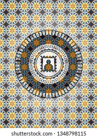 picture icon inside arabic style badge. Arabesque decoration.