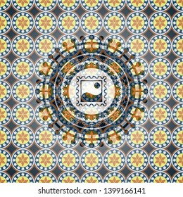 picture icon inside arabic style emblem. Arabesque decoration.