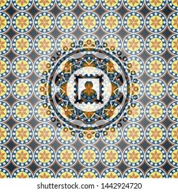 picture icon inside arabic style badge. Arabesque decoration.