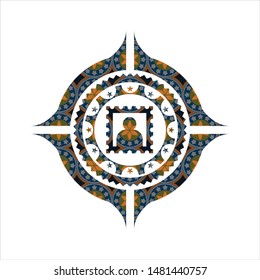 picture icon inside arabic style badge. Arabesque decoration.