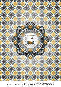 picture icon inside arabic style emblem. Arabesque decoration. 