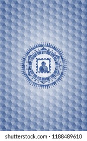 picture icon inside blue badge with geometric pattern.