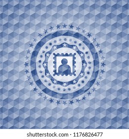 picture icon inside blue emblem with geometric pattern.