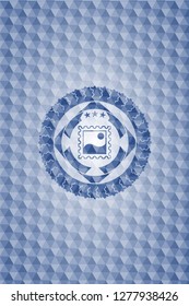 picture icon inside blue emblem or badge with abstract geometric polygonal pattern background.
