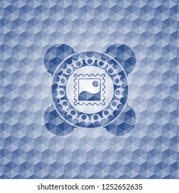 picture icon inside blue polygonal emblem.