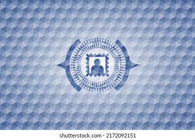 picture icon inside blue polygonal emblem. 