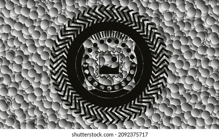 icono de imagen dentro del emblema oscuro con fondo de burbujas grises. Ilustración vectorial. Detallado. 