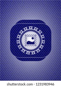 picture icon inside emblem with denim high quality background