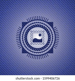 picture icon inside emblem with denim high quality background