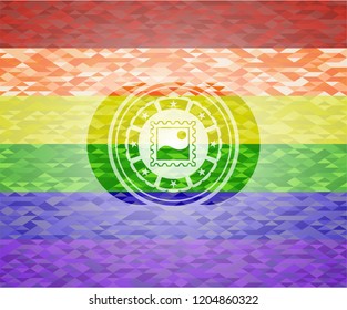 picture icon inside emblem on mosaic background with the colors of the LGBT flag