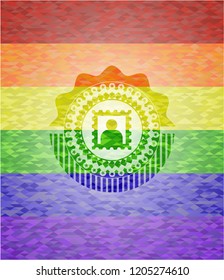 picture icon inside emblem on mosaic background with the colors of the LGBT flag