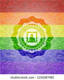 picture icon inside emblem on mosaic background with the colors of the LGBT flag
