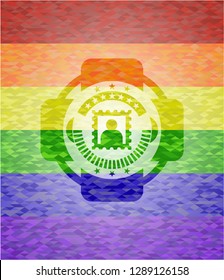 picture icon inside emblem on mosaic background with the colors of the LGBT flag