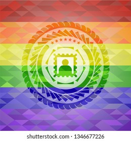 picture icon inside emblem on mosaic background with the colors of the LGBT flag