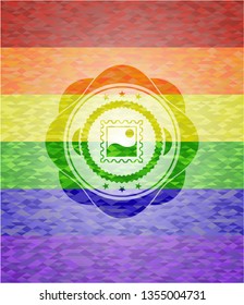 picture icon inside emblem on mosaic background with the colors of the LGBT flag
