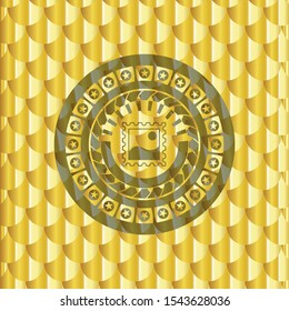 picture icon inside golden badge or emblem. Scales pattern. Vector Illustration. Detailed.
