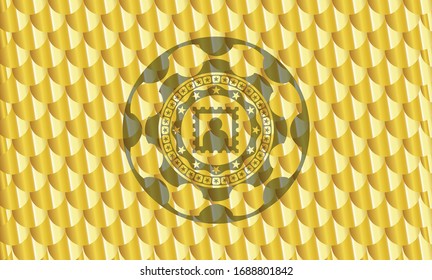 picture icon inside golden badge. Scales pattern. Vector Illustration. Detailed.