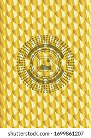 picture icon inside golden badge or emblem. Scales pattern. Vector Illustration. Detailed.