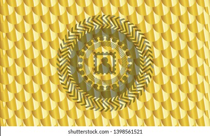 picture icon inside golden emblem or badge. Scales pattern. Vector Illustration. Detailed.