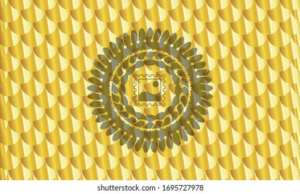 picture icon inside golden emblem or badge. Scales pattern. Vector Illustration. Detailed.