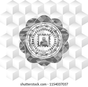 picture icon inside grey badge with geometric cube white background