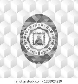 picture icon inside grey badge with geometric cube white background