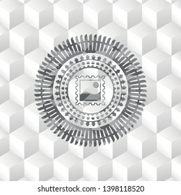 picture icon inside grey badge with geometric cube white background