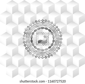 picture icon inside grey emblem with geometric cube white background