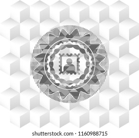 picture icon inside grey emblem with geometric cube white background